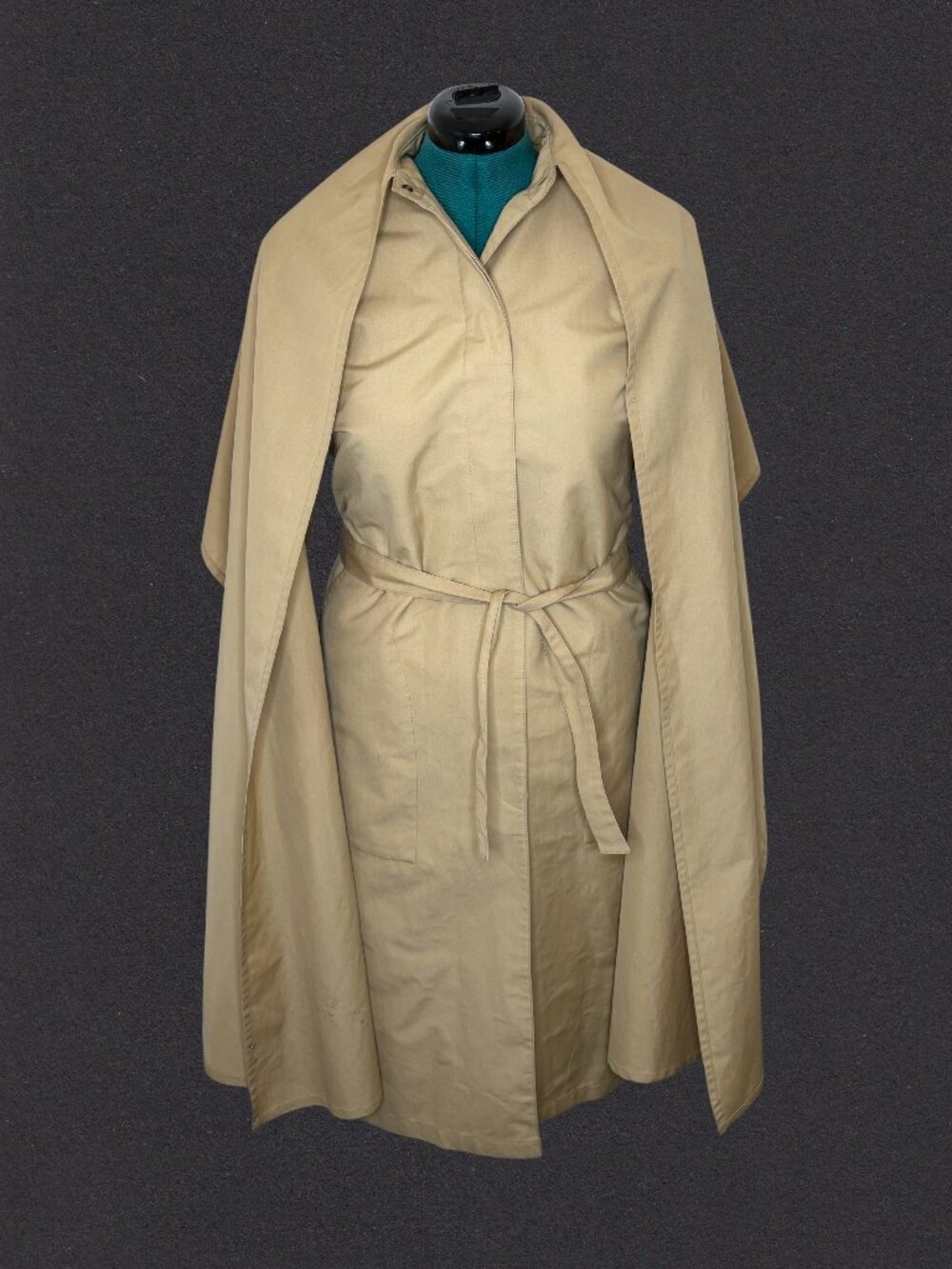 1970s Bonnie Cashin Weatherwear for Russ Taylor Tan Trenchcoat w Cape, Small
